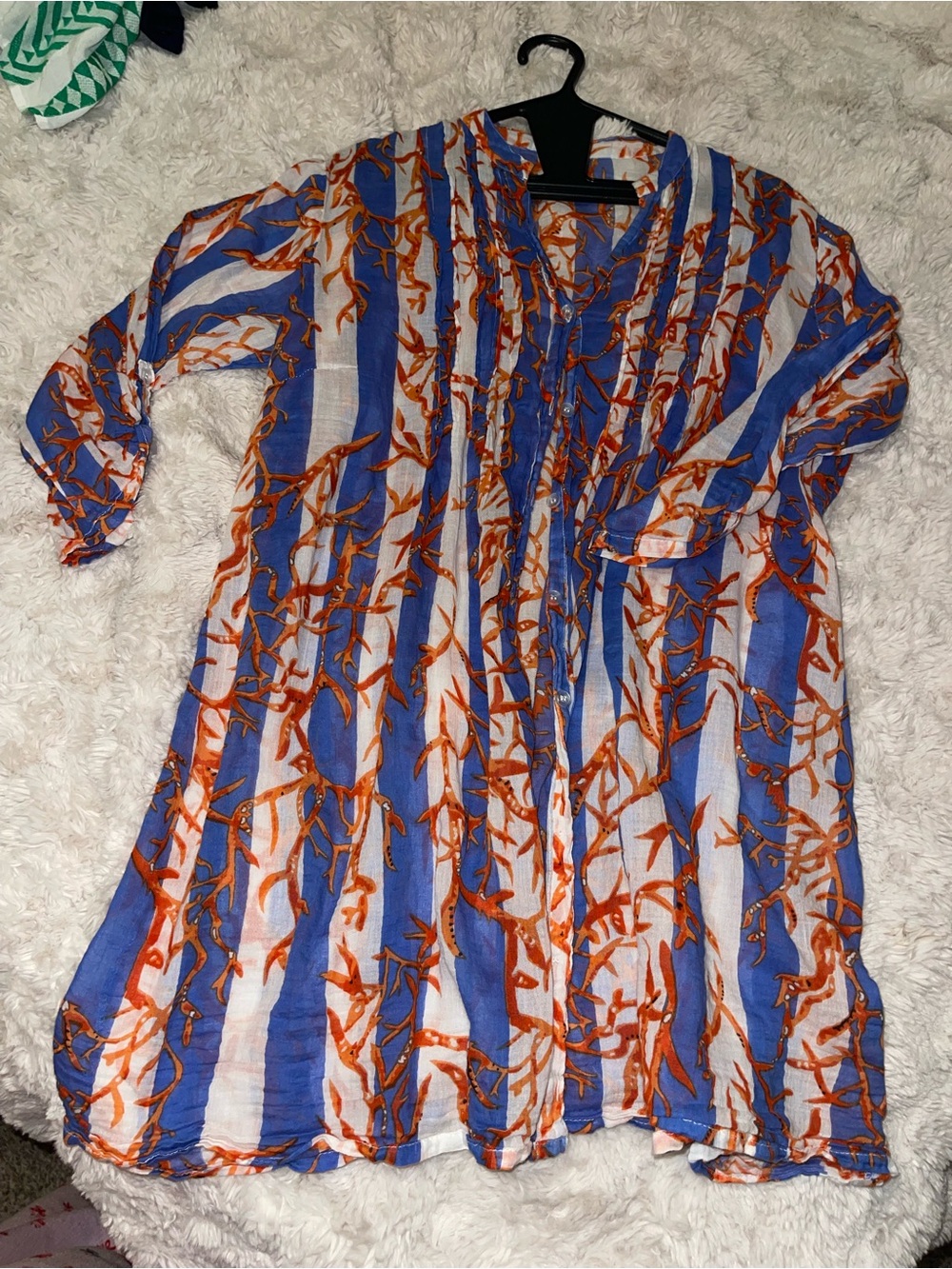 Blue & White Striped 100 Cotton with Orange Branch Print
